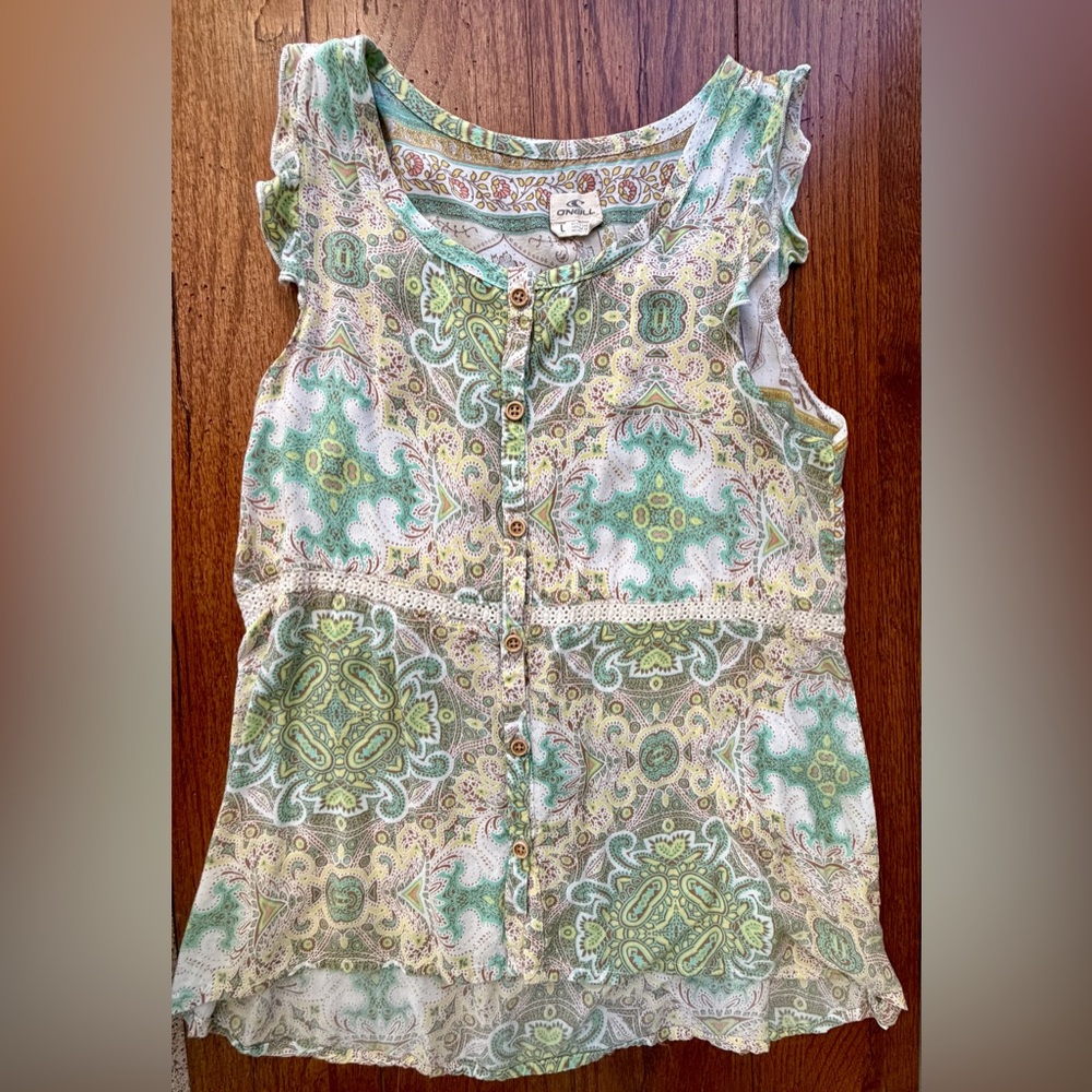 O'Neill Paisley Sleeveless Top - Green and Cream Girls sz L 12/14
